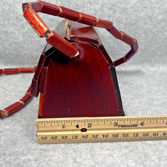 Vintage 70s Wooden Slat Shoulder Bag Small Size Two Tone Lined Snap Button Boho - Picture 11 of 15